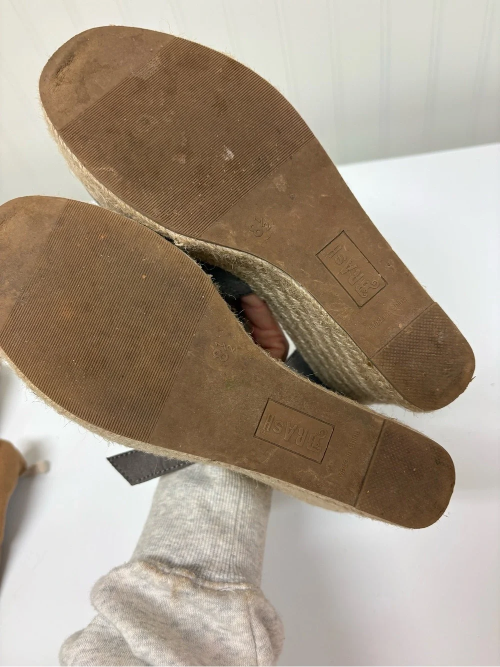 Brash Gray Suede Espadrille Wedge Sandals with Ankle Buckle
